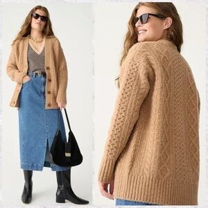 J. Crew Tan Cable Knit Cardigan Sweater Chunky Cozy Long Sleeve Wool Alpaca Mix